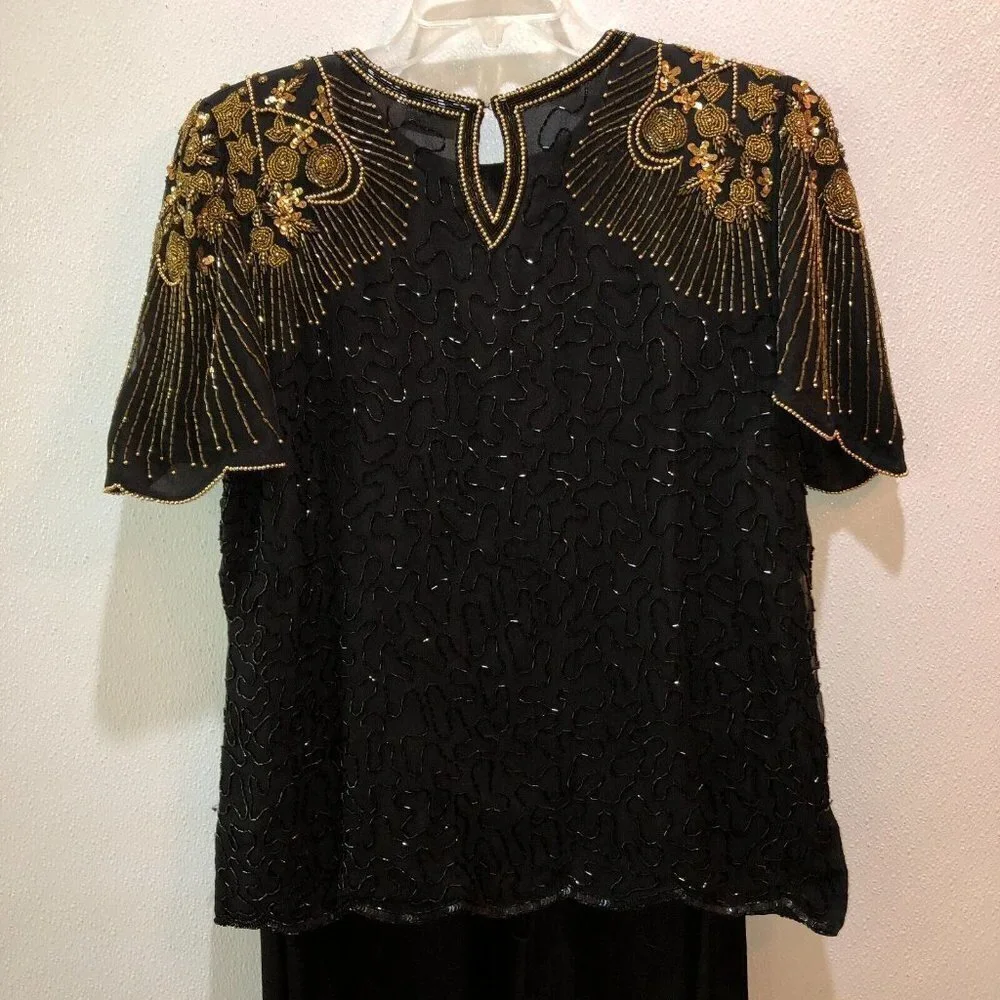 Praise Hymn Womens Small Black Gold Beaded Sequins Cocktail Party Formal Dress